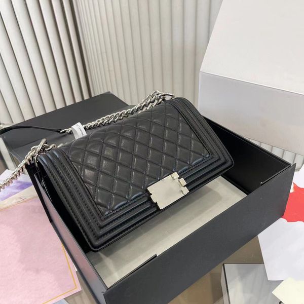 

designer luxury womens one shoulder small square bag sheepskin black caviar metal chain gold buckle fashion retro messenger bags