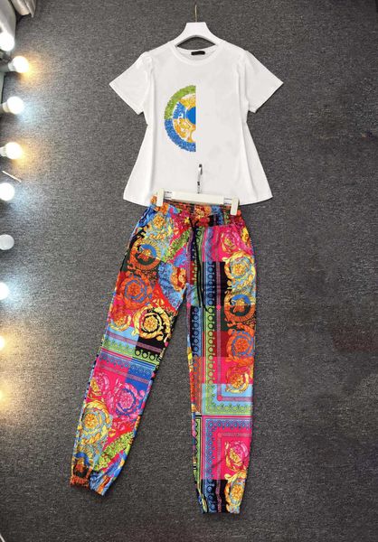 

summer two piece sets women outfits flower pattern short-sleeved t-shirt splicing print design lightweight fabrics loose long pants daily le, White