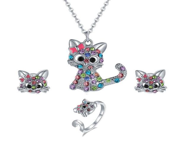 

cute cartoon cat necklace earrings ring set spot color kitten childrens animal jewelry sets5599447, Silver