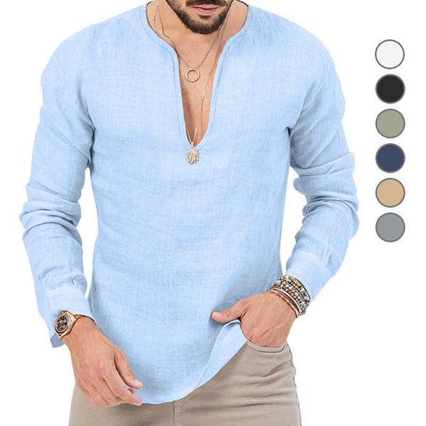 

men's henley 2023 linen long sleeve t-shirt slim fit solid large deep v-neck shirt for men, White;black