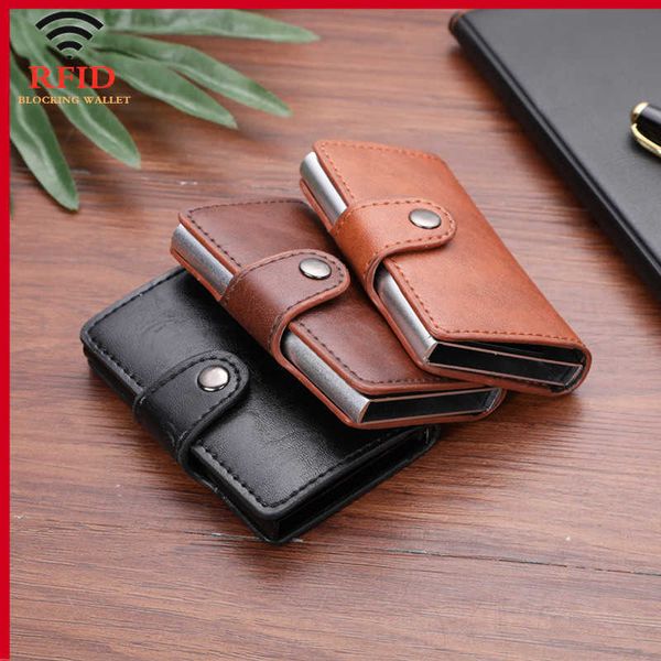 

stylish and exquisite small purse balenberry new men's card bag rfid automatic elastic bank clip metal aluminum shell anti magnetic, Brown;gray