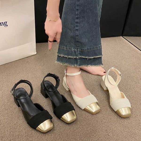 

lady sandals true soft leather baotou women's french fairy small fragrant square head versatile medium thick high heels mary jane singl, Black