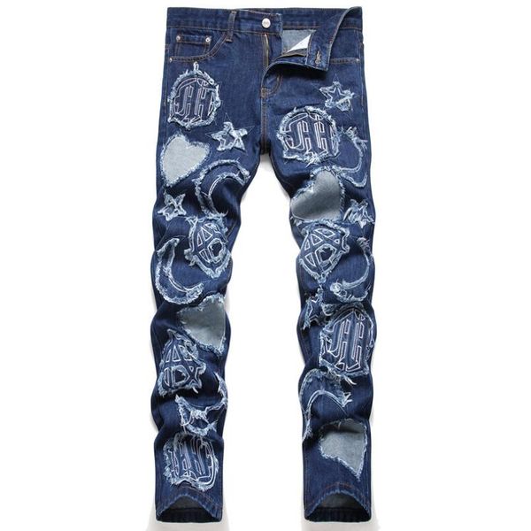 

new designer mens jeans hip hop denim jeans straight patchwork jeans fashion clothing plus size gzhbp430, Blue