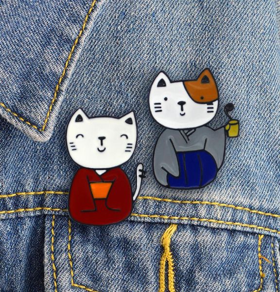 

japanese cat kimono cute special personality enamel tide new brooch creative cartoon lapels denim badge pins9712372, Gray