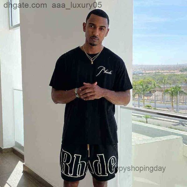 

rhude solid color retro lettered printed short sleeve t-shirt men's fashion street loose casual round neck, White;black