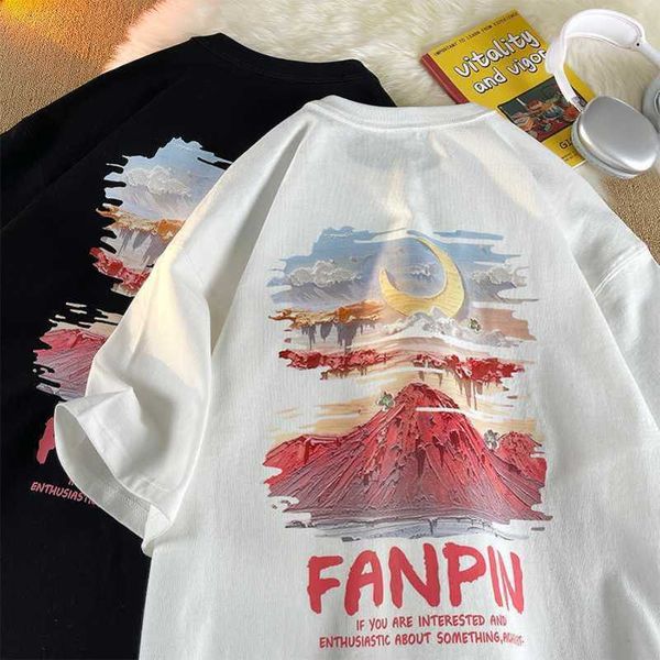 

american oil painting t-shirt men's fashion brand summer loose small neckline short sleeve t couple pure cotton casual half sleeve stus, White;black