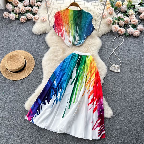 

two piece dress summer ins new fashion personality print suit women's round neck short-sleeved +pleated skirt two-piece sets 2023, White