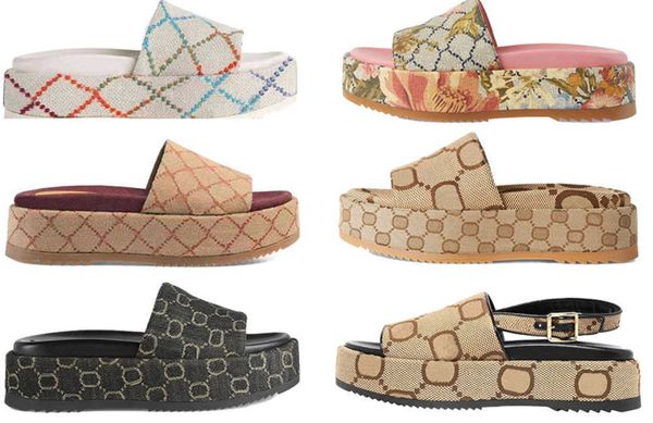 

women platform slides sandals designer slippers beach rubber perforated canvas sliders mens thick bottom sandal womens embroidery heels luxu, Black