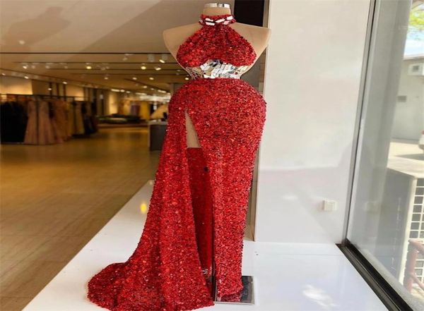 

luxury red mermaid evening dresses designer crystals sequins beads prom dress sleeveless high slit custom made formal party gowns 6229312, Black;red