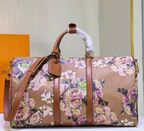 

travel bag flower printed brown leather mens travel bag large luggage bag duffel bags women fitness yoga bag totes shoulder bags handbags