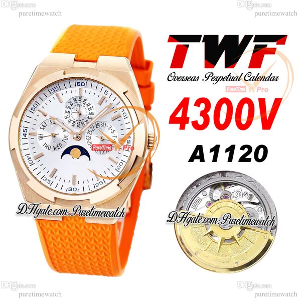 

twf overseas perpetual calendar moonphase 4300v a1120 automatic mens watch rose gold silver dial orange rubber super version reloj hombre ed, Slivery;brown