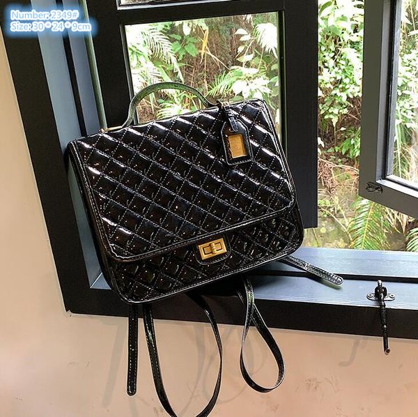 

Factory wholesale ladies shoulder bags 2 colors classic Joker black patent leather fashion handbag elegant sewing plaid backpack minority design leather chain bag, Black-matte finish-2349#