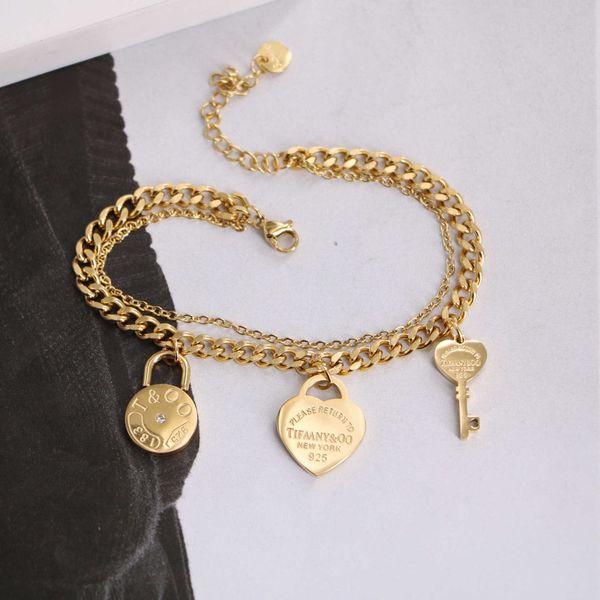 

selling item titanium steel korean version 18k gold tiffay lettering love small lock key double layer bracelet for women's sweet age re, Black