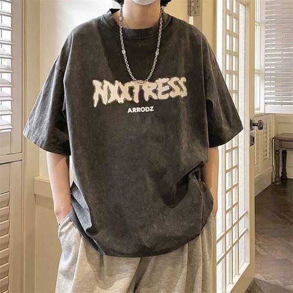 

american washed old short sleeve t-shirt men's summer high street ins fashion brand design sense small half sleeve t-shirt, White;black