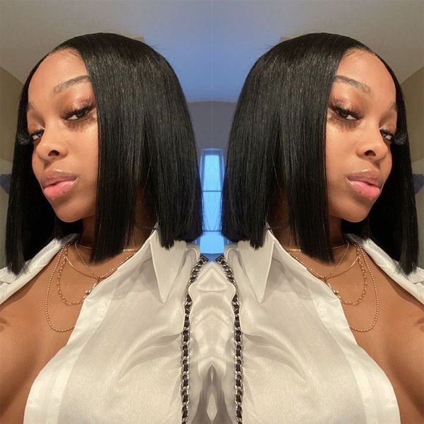 

human hair wigs t part bob lace wig for women 8-16inch brazilian straight short bob pre plucked bleached knot human hair wigs, Black;brown