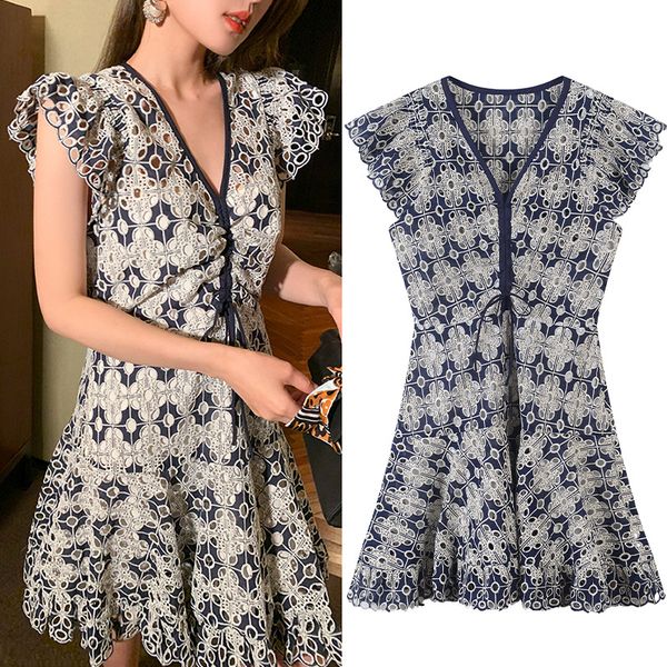 

new dresses genuine sandro heavy industry embroidery hollow lace skirt new 2023, Black;gray