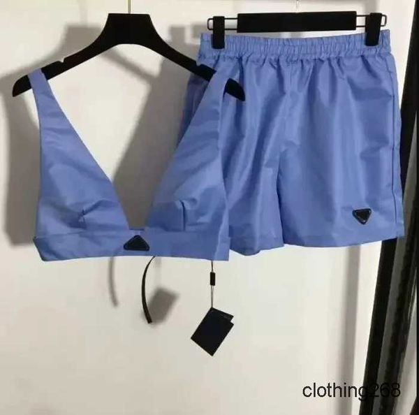 

womens bra tracksuits designer fashion two piece crop tank +shorts sets metal v neck bra vest mini short set streetwear blue back clothes, White