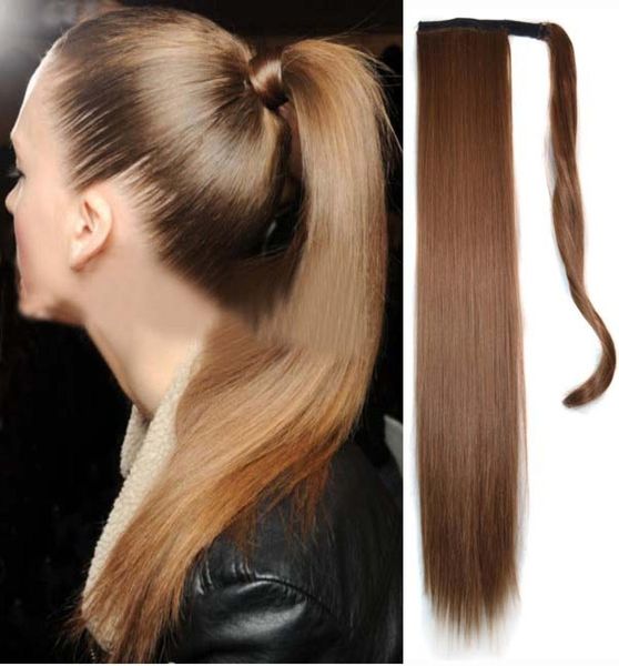 

sara lady woman clip in on ponytails 24 inch60cm100g wraparound ponytail synthetic hair pony tail long straight ponytail hair 8145277, Black
