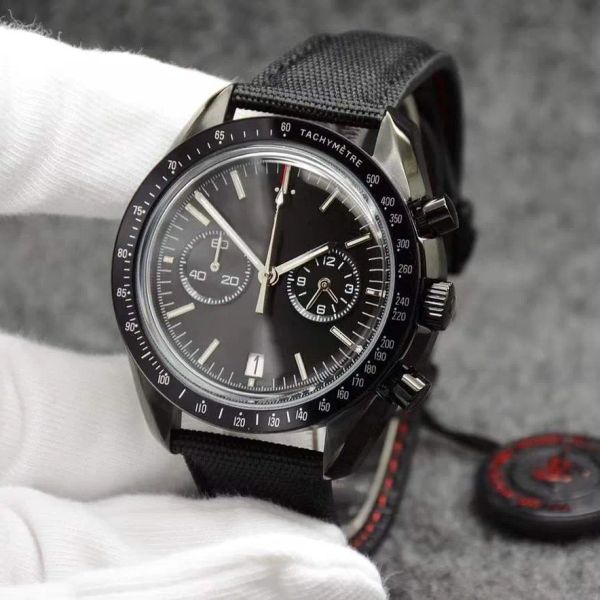 

44mm quartz chronograph silver dial mens watches moonwatch leather band dark side of the ring showing tachymeter markings wristwatches, Slivery;brown
