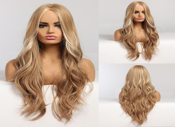 

long wavy blonde synthetic wigs with highlights wigs middle part for afro women heat resistant cosplay natural hair wigs8317174, Black
