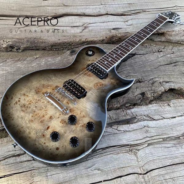 

acepro black burst electric guitar stainless steel frets mahogany body burl maple chrome hardware ing