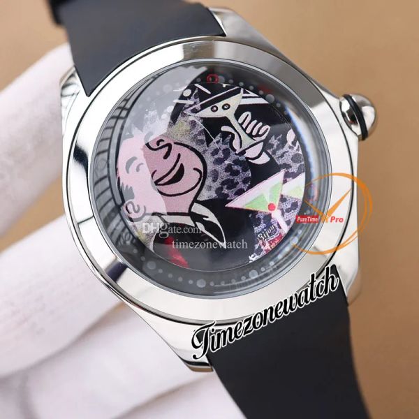 

new 47mm bubble clown doodle dial automatic mens watch l390/03635 - 390.101.04/0371 steel case black rubber strap gents watches twcm timezon, Slivery;brown