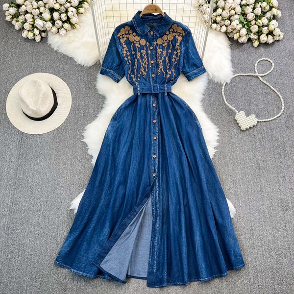 

casual dresses summer dresses soft denim summer dress for women 2023 elegant lapel short sleeve floral embroidery long cowboy dress, Black;gray