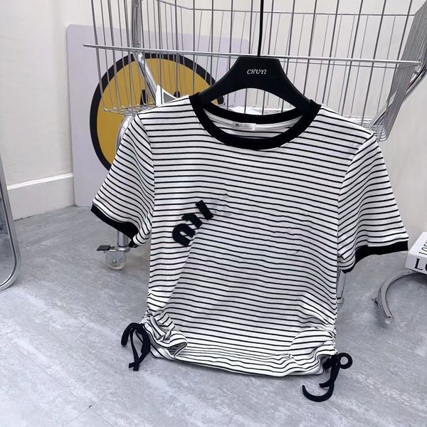 

designer cartoon letter striped black and white short-sleeved letter t-shirt sweet lapel spring/summer jumper top