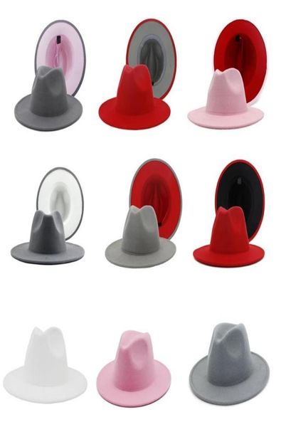 

new arrival outer grey inner pink patchwork wool felt fedora hat simple cotton polyester wide brim fedora panama hats9201678, Blue;gray