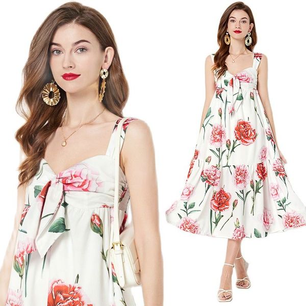 

summer suspender midi white dress floral print 2023 women designer sleeveless bow slim party ruched tiered backless dresses ballgown vacatio, Black;gray