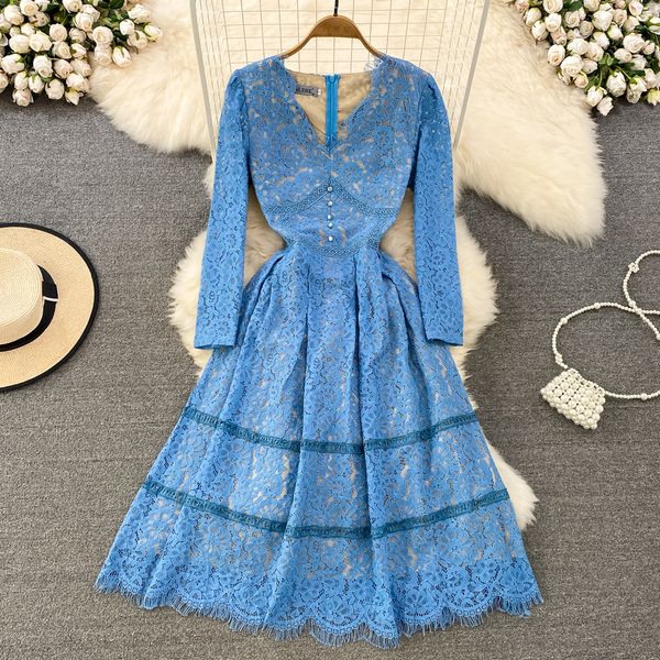 

casual dresses 2023 autumn new temperament lace dress vestido midi for women casual v-neck wave cut long sleeve hollow out slim long dresses, Black;gray