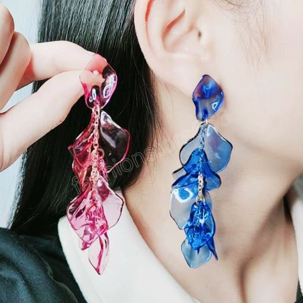 

transparent flower petal long earrings for women vintage leaf tassel drop earrings korean daily life summer fashion jewelry, Silver