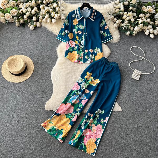 

women's two piece pants summer new fashion floral printting pants set women's outfits casual short sleeve shirt wide leg trousers, White