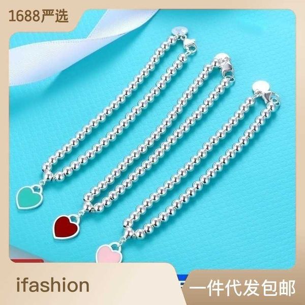 

premium enamel love bracelet the same model of female tiffay ins niche design blue heart red buddha beads round beads bracelet, Black