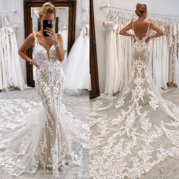 

fashion mermaid wedding dresses nude lining spaghetti lace luxury wedding dress sweep train backless wedding bridal gowns, White
