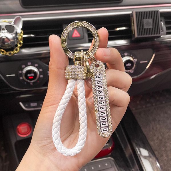 

anti-lost car keychain phone number card keyring leather bradied rope auto vehicle diamond key chain holder accessories gift for husband, Silver