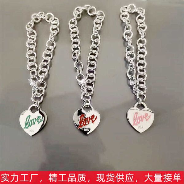 

high version tiffayffay same style basket enamel heart shape bracelet female tee letter high version love love thick chain couple, Black