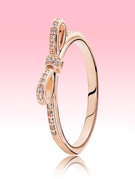 

rose gold plated full crystal bowknot ring beautiful women summer jewelry for pandora 925 silver bow rings with original box sets5108806, Slivery;golden