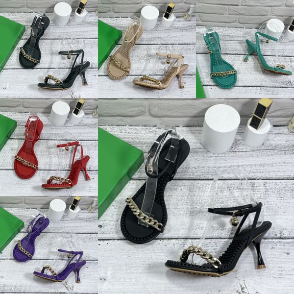 

sandals women's new one strap high heels thick bottom designer sandals metal ball chain fashion shoes