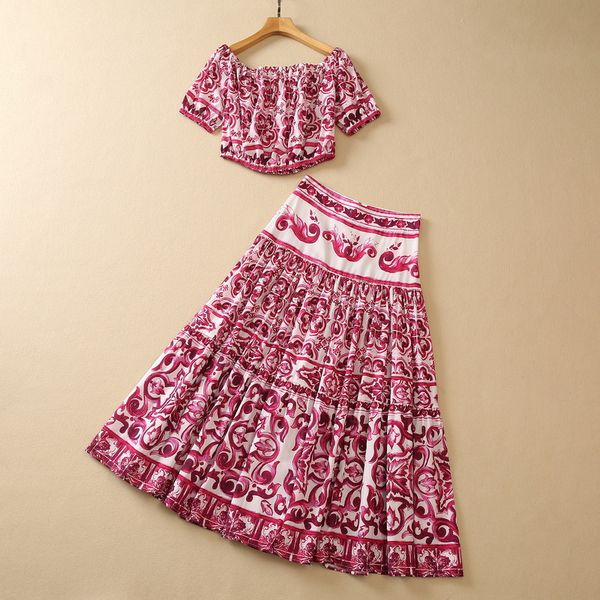 

european and american women's dress 2023 summer new style short-sleeved flat-neck court print t-shirt pleated skirt fashion suit, White