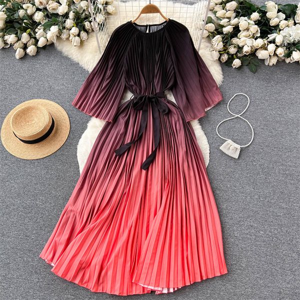 

casual dresses summer vintage gradient pleated dress women round neck flare sleeve high waist lace-up elegant ladies dresses korean vestidos, Black;gray