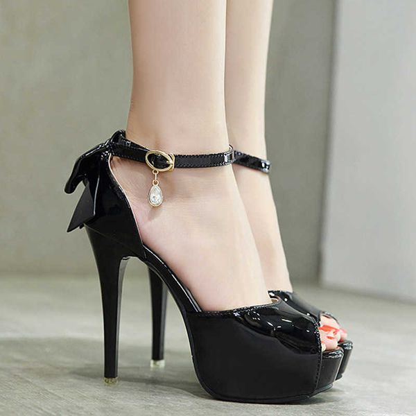 

ladies summer sandals sweet butterfly fish mouth lacquer leather high heel women's 230615, Black