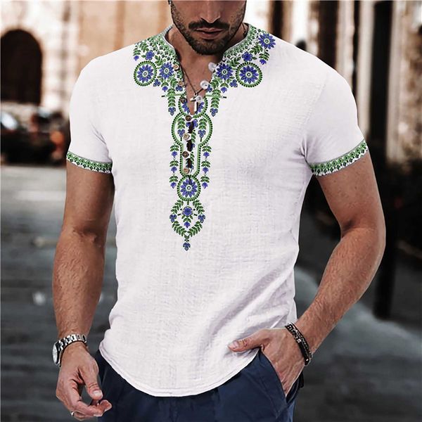 

men's neck henley fashion trend ethnic style t-shirt 3d printing buckle pullover short sleeve t-shirt, White;black