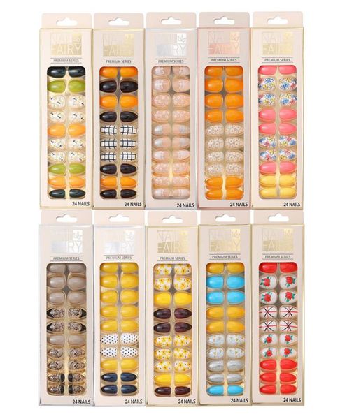 

nail art kits 24pcs box detachable long false nails wearable flower fake full cover tips press on9938721, Red;gold