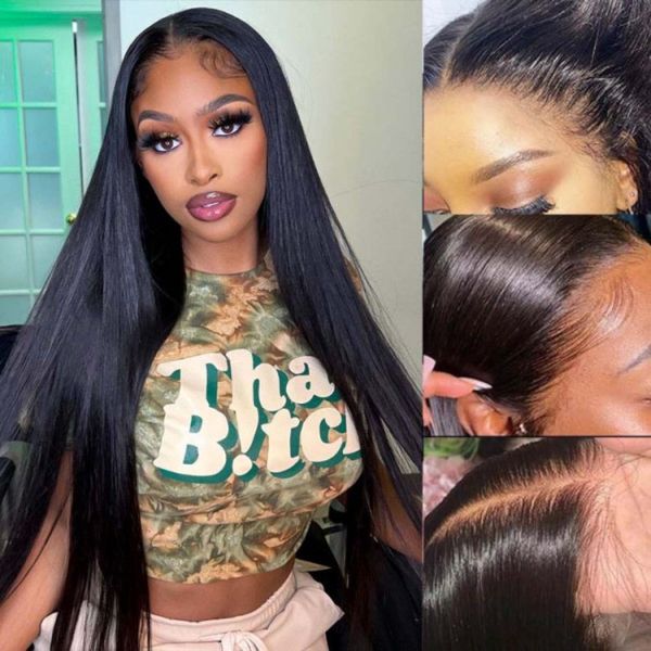 

13x4 13x6 hd lace front human hair wigs straight 40 42 inch glueless bleached knots lace frontal wig pre plucked 4x4 closure wig, Black;brown
