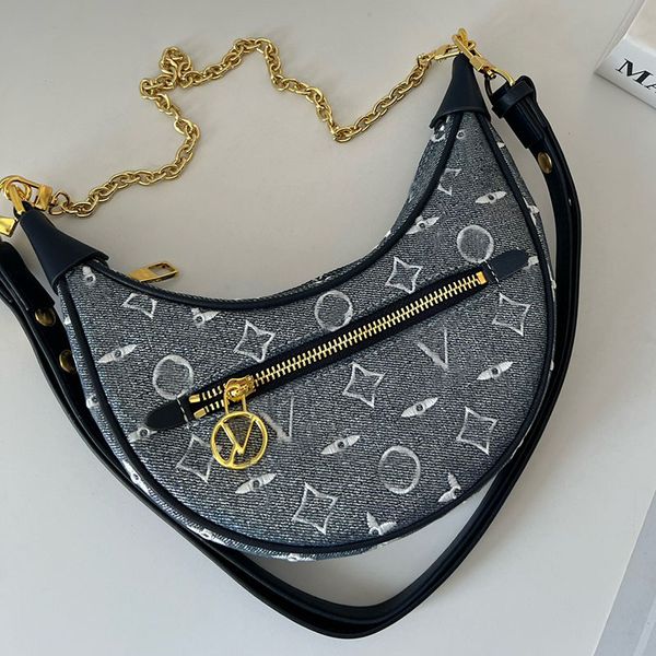 

denim embroidery old flower designer pea zipper bag loop gold chain adjustable leather strap half moon cross body shoulder handbag luxury pu