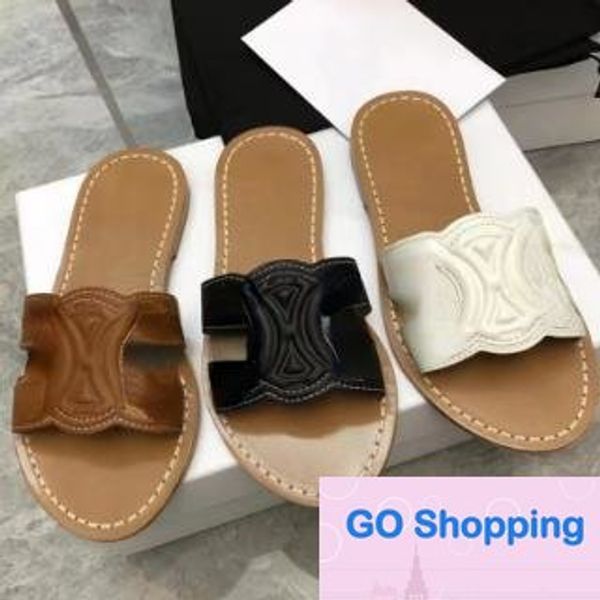 

women's one-word slippers for outer wear leather open toe embroidery thread embossed flat beach slippers, Black