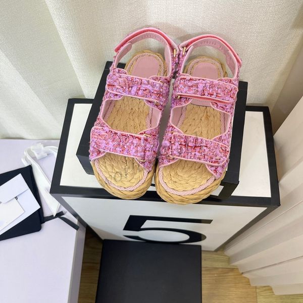 

designer sandals summer women's slipper rivet low-heeled flat-bottomed black pink cowhide and honey inlay bric velcro sandals