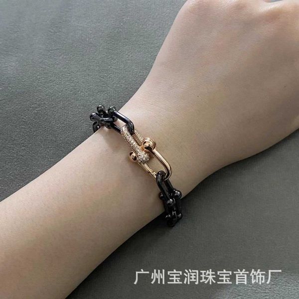

high version tiffay hardwear series s925 sterling silver fashion diamond black gold horseshoe u-shaped bracelet tyxs