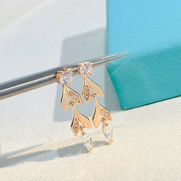 

luxury brand women's diamond leaf earrings fashion designer earrings jewelry festival gift with box, Golden;silver